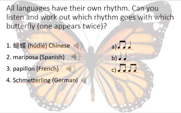 A butterfly, superimposed with the word butterfly in multiple languages, and the rhythm notation for these words.